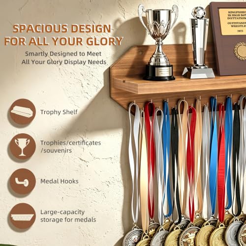 Medal Hanger Display with Trophy Shelf, Wooden Medal Holder for Runners by SINGBLA - Used condition - Image 2