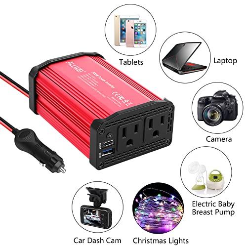 ALLWEI 300W Power Inverter DC 12V to 110V AC, Compact Car Plug Adapter Outlet with 65W PD USB-C &18W USB-A Fast Charging, Cigarette Lighter Adapter Car Charger for Phone, Laptop on Road Trip – Red