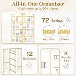 MODOWEY Earring Necklace Holder Organizer Jewelry Stand, Wood Rotating Display Tree for Vendor Selling, Tiered Tower Rack for Pierced Stud Bracelet 90+ Pieces Storage, Easy Access for Women, Gold - Image 2