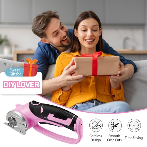 Image of Cordless Electric Scissors, 4V Rechargeable Box Cutter & Cardboard Cutter with LED Light, Safety Lock - Rotary Cutter for Fabric, Leather, Carpet, Plastic, Crafting, Sewing with Storage Box (Pink)
