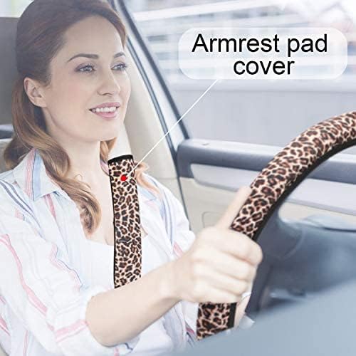 7 Pieces Leopard Print Car Accessories Set, Leopard Steering Wheel Cover, Leopard Car Cup Holder, Leopard Keyring, Armrest Pad Cover and Seat Belt Pads for Most Cars