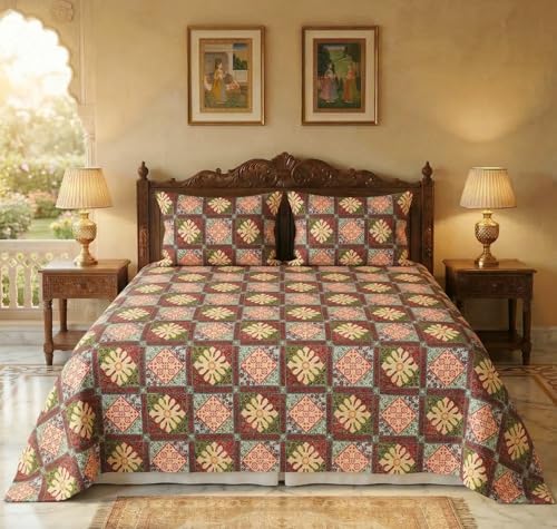Image of BSB HOME Premium Cotton Double Bedsheet with 2 Pillow Covers, 240 TC Soft Breathable, Skin Friendly & Hypoallergenic, Jaipuri Printed (90 x 100 Inches) (Geometric Jaal Print - Muted Coral)