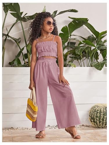 Image of Floerns Girl's 2 Piece Set Ruffle Trim Cami Tops with Paperbag Waist Wide Leg Pants