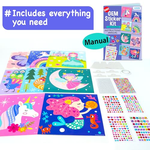 image for EZCRA Easy Arts and Crafts for Kids - Fun Gem Sticker Kit - 8 Unicorn 