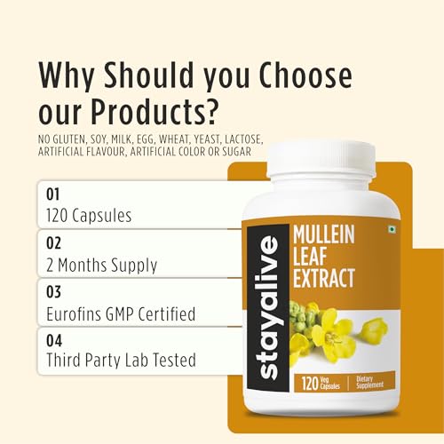 Image of STAY ALIVE Mullein Leaf Extract 1000mg, 10:1 Extra Strength, 120 Vegan Mullein Capsules, All Natural, 100% Pure Leaves Powder, 2 Month Supply, Non-GMO and Gluten-Free Supplement