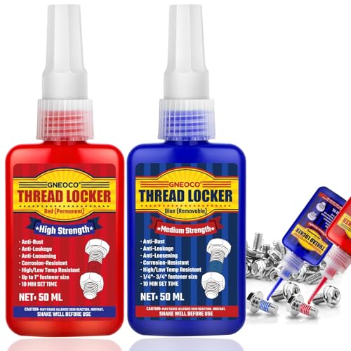 2 Pack Thread Locker Blue and Red, Threadlocker Medium and Strong Strength, Thread Locker for Nuts, Bolts, Fasteners and Metals, Anaerobic Curing Screw Glue to Prevent Loosening (Blue and Red)
