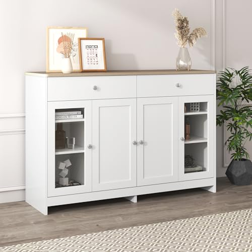 Ymkua Sideboard, Buffetschrank, Kommode für Wohnzimmer und Esszimmer, Aufbewahrung sschrank mit 4 Türen und 2 Schubladen, Moderner Wohnzimmerschrank, 120x37x80 cm, Weiß und Holz