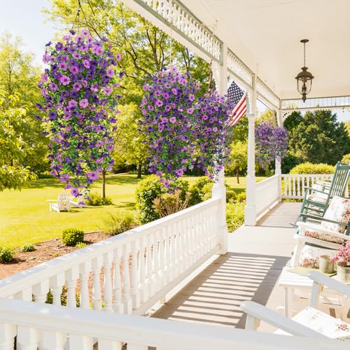 Image of Bassion Artificial Mums for Outdoor, 2 Pcs Fake Fall Hanging Flowers (Double Purple)