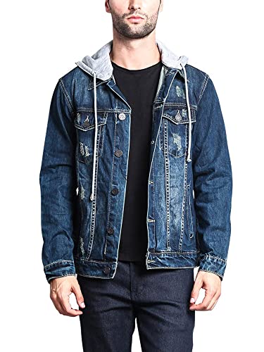 Hoodie Layered Distressed Denim Jacket with Removable Hood DK109 - Dark Indigo - 4X-Large