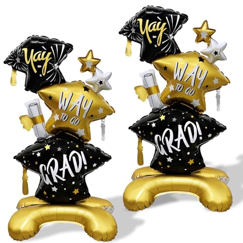 2Pcs Graduation Cap Balloons Large Standing Graduation Party Decoration Balloons Black Gold Congrats Grad Foil Balloon for Class of 2026 Celebration Supplies