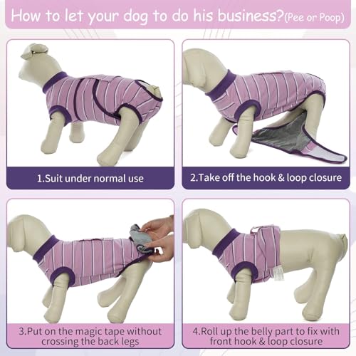 Image of Kuoser Dog Surgery Recovery Suit, Soft Breathable Dog Recovery Suit for Female Spay Male Nueuter, Anti Licking Puppy Onesie Pet Surgical Suit for Dogs Abdominal Wounds Skin Disease, Purple Strips M