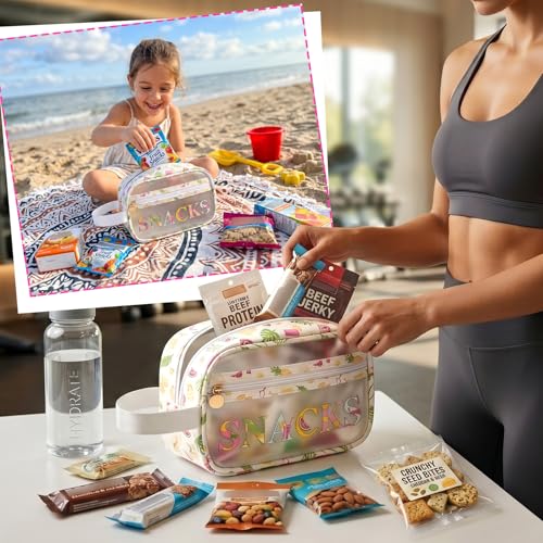 Image of COSHAYSOO Clear SNACKS Bags Travel Pouch for Women Girls Cute Summer Beach Vacation Pool Lake Day Must Have Essentials, Teens Camp Gym Sports Park Trip Accessories Gift Bag Stuffers