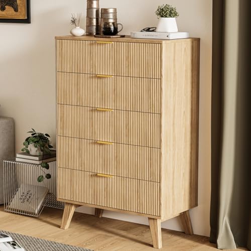 Cychuily Fluted 5 Drawer Dresser for Bedroom, 48" Tall Mid-Century Chest of Drawers, Modern Wood Dresser Storage Cabinet with Solid Feet for Living Room, Entryway, Heavy Duty, Freestanding, Oak