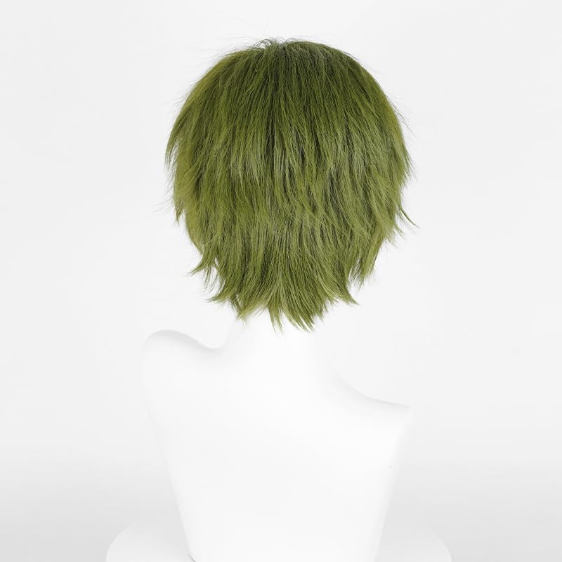 Image of LABEAUTE Unisex Short Dark Green Cosplay Wig Male Man Woman With Bangs Anime Fluffy Cosplay Hair Wigs for Party and Halloween for Gift + Free Cap