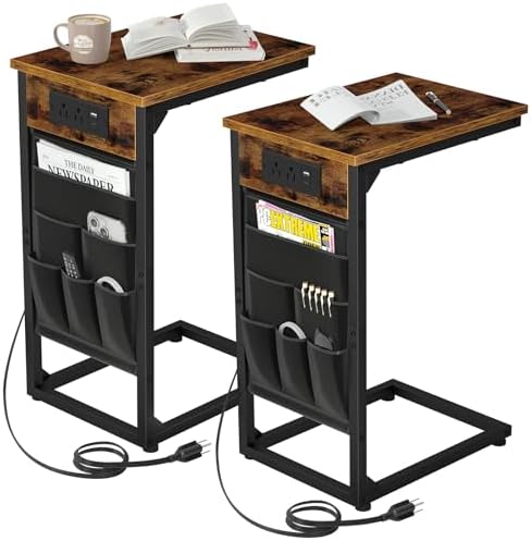 AMHANCIBLE C Shaped End Table with Charging Station, Couch Side T...