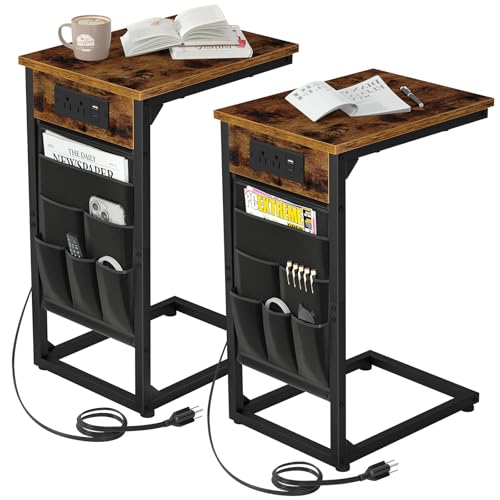 AMHANCIBLE C Shaped End Table with Charging Station, TV Tray Set of 2, Couch Tables with Storage Bag, Slide Under Sofa Side Table with USB Ports and Outlets for Living Room, Rustic Brown HET04CBR