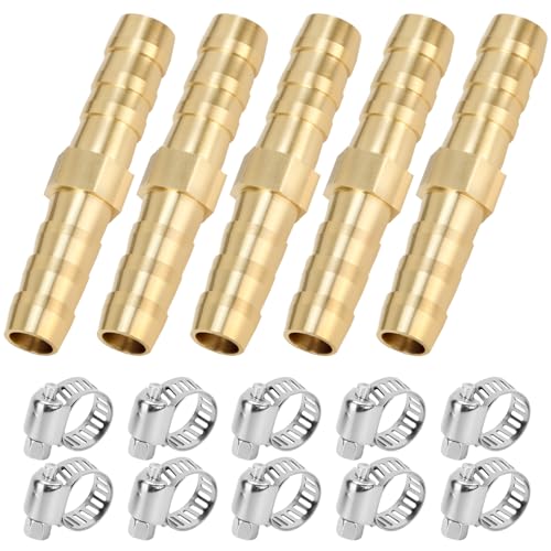 QWORK® 5 pièces raccord de tuyau en laiton de 6mm, avec 10 pinces, raccord de tuyau droit à 2 voies