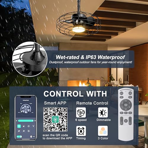 Coolbull Outdoor Ceiling Fans with Light for Patios, 20'' Wet Rated Gazebo Fan Remote&APP Control, Dimmable Hanging Fan with Plug in Cord for Pergola, Black