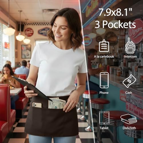 Image of BOHARERS Waist Apron with 3 Pockets - Brown Waitress Waiter Server Short Apron（brown）