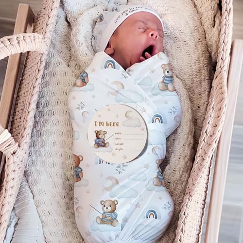 Image of Ylsteed Baby Swaddle Blanket and Headband Set, Newborn Receiving Blanket Swaddle Wrap for Girls and Boys, Swaddling Blankets Neutral for Newborn， Soft and Skin-Friendly 32 * 32 inches (Blue Bear)