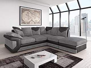 Amazing Sofas NEW LARGE DINO CORNER SOFA JUMBO CORD GREY BLACK OR BEIGE BROWN LEFT OR RIGHT(Grey Black right). Fire resistant as per British Standards, foam filled seats for comfort.