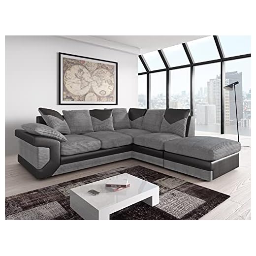 Amazing Sofas NEW LARGE DINO CORNER SOFA JUMBO CORD GREY BLACK OR BEIGE BROWN LEFT OR RIGHT(Grey Black right). Fire resistant as per British Standards, foam filled seats for comfort.
