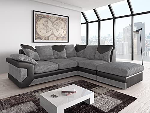 Amazing Sofas NEW LARGE DINO CORNER SOFA JUMBO CORD GREY BLACK OR BEIGE BROWN LEFT OR RIGHT(Grey Black right). Fire resistant as per British Standards foam filled seats for comfort.
