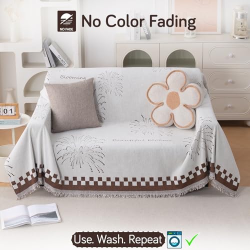 Image of HOKIPO Premium Chenille Printed Sofa Cover Throw Blanket 320 GSM for 2 Seater - All Season Use, 'Serene Abode Series' Brown Dot Burst (180x250 cm) (AR-6632-D6)