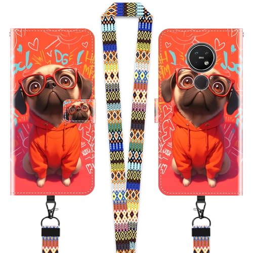 JEZSTHAI Hülle Kompatibel mit Nokia 7.2 Leder Handytasche Schutzhülle mit Muster(Lustiger Mops),Flip Case Magnetverschluss Handyhülle mit Handykette/Handy Umhängeband
