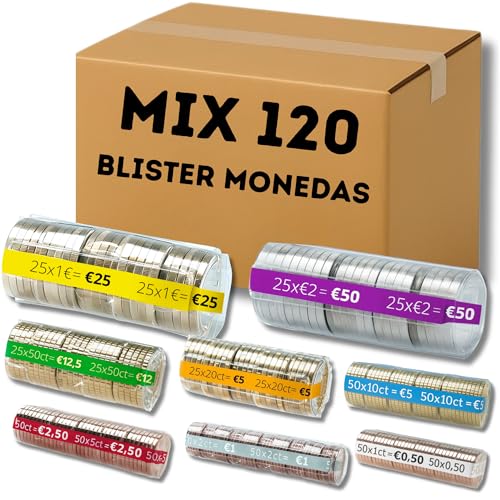 AF® - 120 Blister Monedas | Mix 15 blister monedas de 1,2 y 5 centimos + 15 Blister Monedas 2 Euros + 15 Blister Monedas 1 Euro, 50cent, 20cent, 10cent para Guardar Monedas (15 por Moneda)