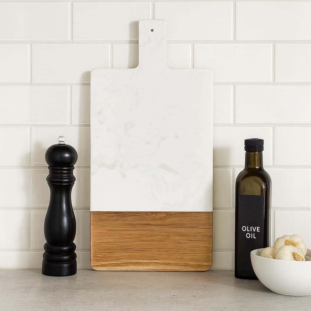 Tabla de embutidos de madera de mármol y acacia con asa, tabla de queso de 16 x 8 pulgadas, bandeja de servir para bodas, inauguración de la casa, regalos de entretenimiento