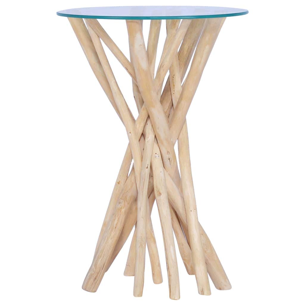 Mesa de sofá mesa de café mesa consola para salón, mesa de café con placa de cristal, 35 x 35 x 50 cm, madera maciza de teca para salón, dormitorio, estudio