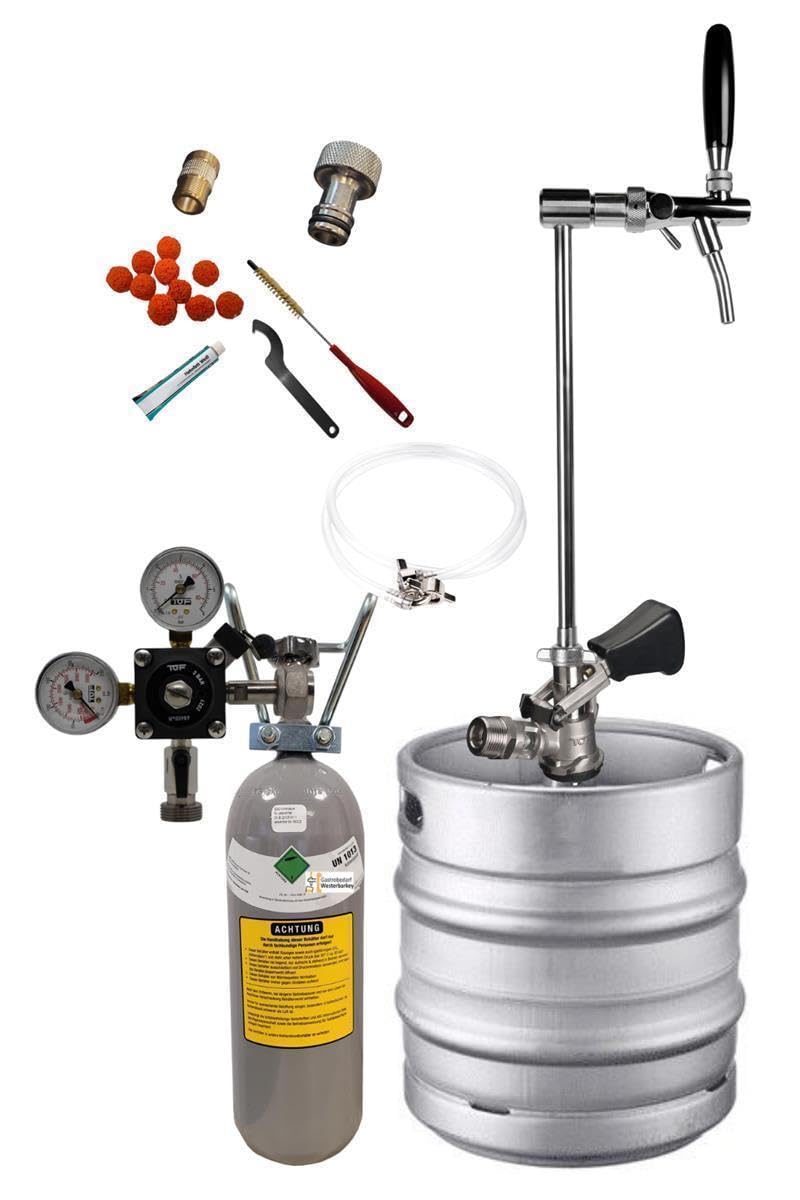 Zapfgarnitur mit Edelstahl Keg-Schanksäule inkl. 2kg Co2 Flasche,Reinigungsset Schläuche, Druckminderer und KEG Typ M (23475-008)