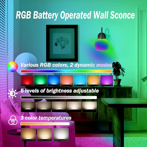 Image of Battery Operated Wall Sconces Set of 2, Battery Operated Wall Lights With Remote, RGB Color Changing USB Rechargeable Up to 50 hours use time,Not Hardwired Battery Sconces For Bedroom Living Room