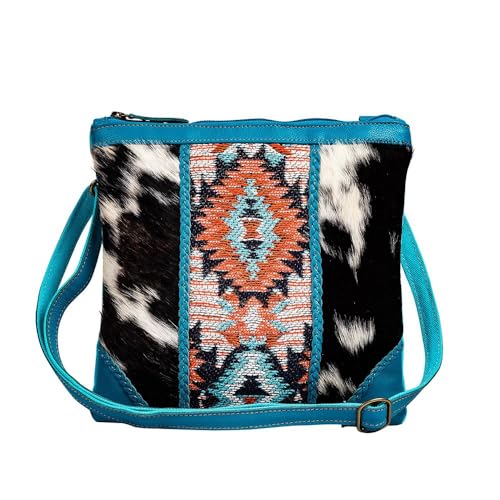 Myra Bag Crossbody Bag for Women - Western Upcycled Hairon Canvas & Leather Shoulder Handbag Blue