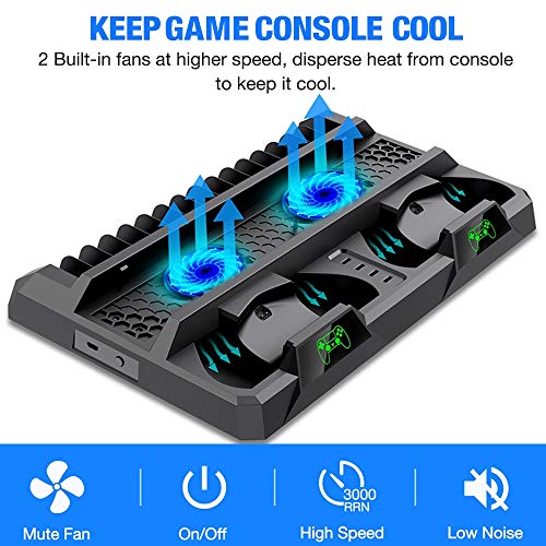 PS4 Stand Cooling Fan for PS4 Slim/PS4 Pro/PlayStation 4,PS4 Pro Stand Vertical Stand Cooler with Dual Controller Charge Station & 16 Game Storage,PS4 Organizer Stand with Game Storage PS4 Accessories