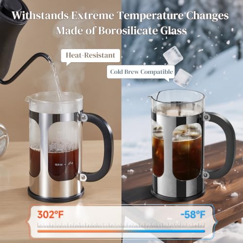 Image of Veken French Press Coffee Maker,No Plastic Touching Cafe,34oz 1L Cafetera | Heat Resistant Thickened Borosilicate Glass Stainless Steel Brewer, Cold Brew Pot for Kitchen,Travel,Camping,Tea,Gifts,Silver