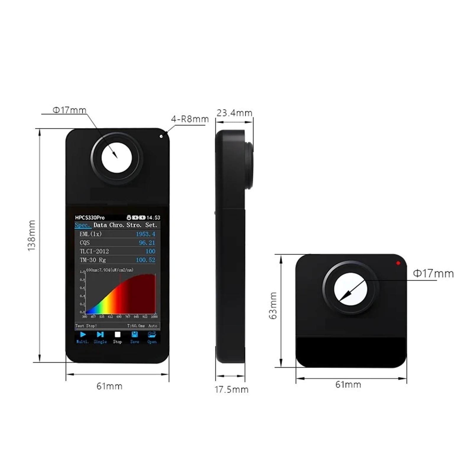 HPCS330P Einzelstrahlspektrometer 380-1000 nm CCT CRI PAR | Lichtflimmertester, Laborspektrum-Analysegeräte