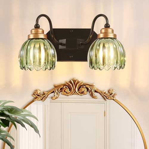 Image of Vintage Gold Bathroom Light Fixtures, 2 Light Green Tulip Crystal | Brushed Gold Vanity Lights, Matte Antique Brass Finish, Mid Century Style, Wall Sconces for Bedroom, Hallway, Easy to Install