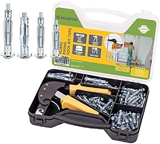 BLOSTM 72pc Hollow Wall Fixings - Heavy Duty Plasterboard Fixings & Wall Anchor Setting Tool Rivet Gun Set with Carry Case - Plaster Boarding Fixings Anchors & Hollow Wall Anchor Fixings