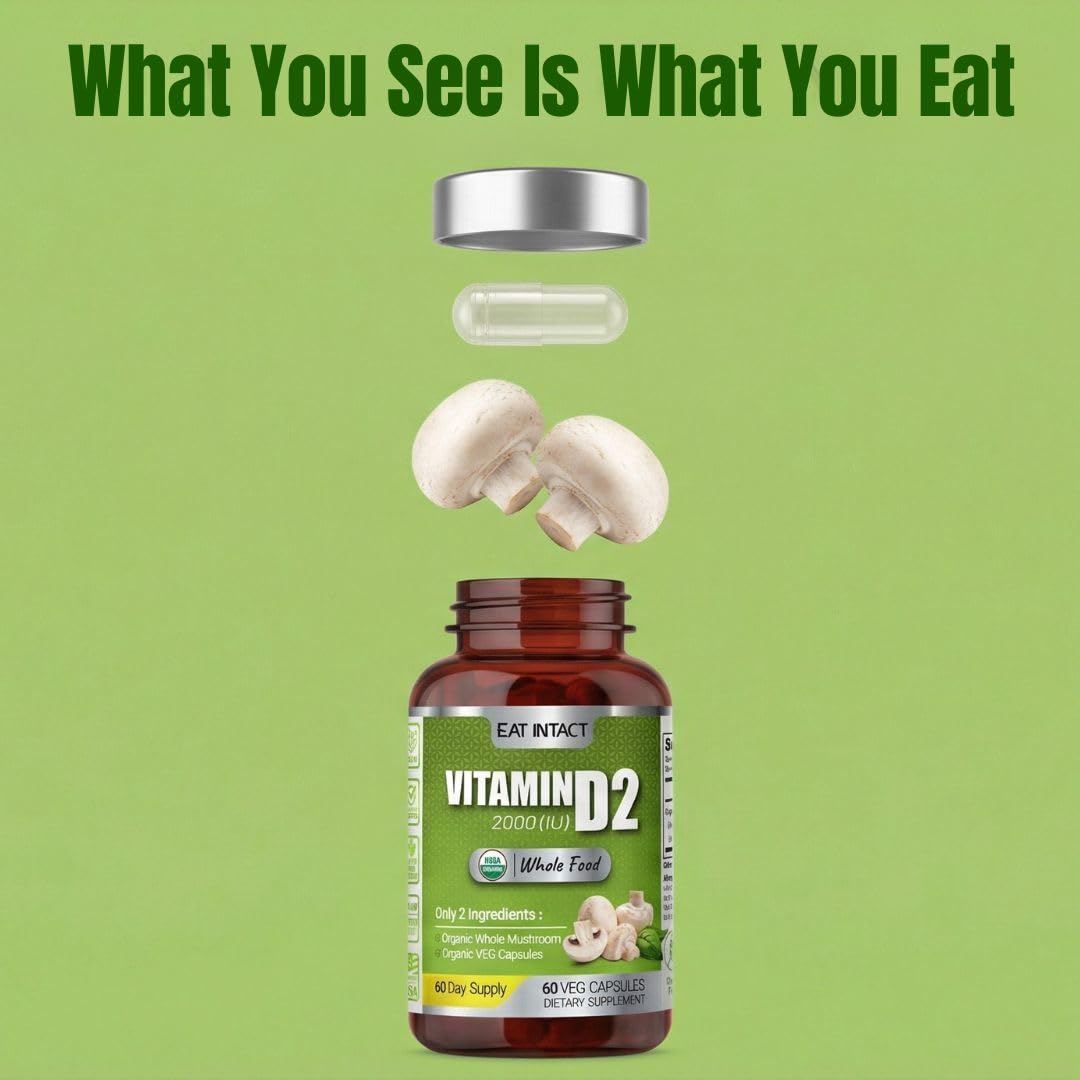 Vegan Whole Food Vitamin D, 2000 IU (50 mcg), D2, Two Ingredients (Organic Whole Mushroom and Organic Vegan Capsule), Non-GMO, Third Party Tested, 60 Day Supply