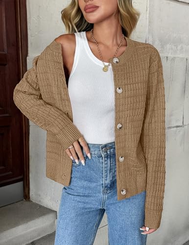 Zeagoo Women's 2025 Cardigan Sweaters Button Down Crew Neck Open Front Long Sleeve Knit Cropped Jackets A-Khaki