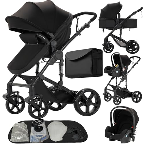 3 en 1 Sistema de Viaje Para Bebé 3 en 1 Silla de Paseo Cochecito de Paisaje Alto Carrito con Capazo Cochecito de Bebé Reclinable Cochecito Estándar Plegable de Recién Nacido (588 Black New)