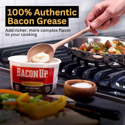 Image of Bacon Up Bacon Grease - 100% Authentic Animal Fat with No Seed Oils - Triple-Filtered & Non-Hydrogenated - 14 Ounce Tub; Pack of 2 with Spoon - for Frying, Cooking, Baking, Grilling, and Sauteing