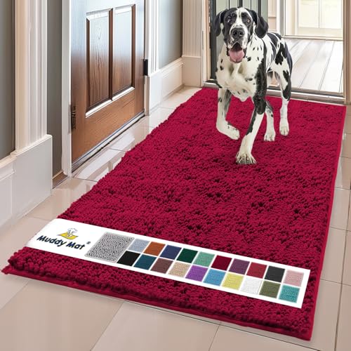 Image of Muddy Mat | Super Absorbent Door Mat Indoor, Microfiber Quick Dry Chenille Entryway Rug, Non-Slip Front Door Mat, Indoor Mats for Entryway, Machine Washable Pet Rug, Maroon 24 inch x 120 inch