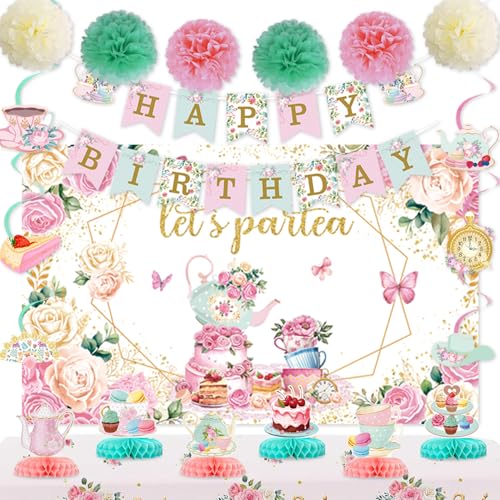 Image of Floral Tea Party Decorations Let's Par Tea Decorations with Floral Tea Honeycomb Centerpieces Tea Hanging Swirl Banner Backdrop Flower Ball for Birthday Baby Shower Wedding Tea Party Supplies