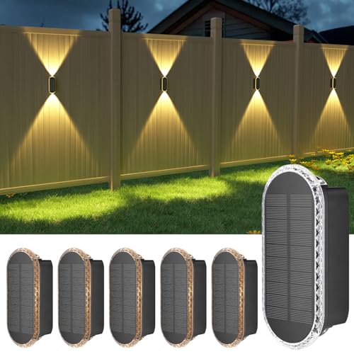 Ellasay Solar Fence Lights Outdoor: 6-Pack Solar Powered Wall Lights Up and Down Waterproof IP65-3 Color Brighter LED Focus Lens SolarLights Dusk to Dawn 12h for Patio/Backyard/Porch/Railing by Ellasay - Used condition - US$37.04