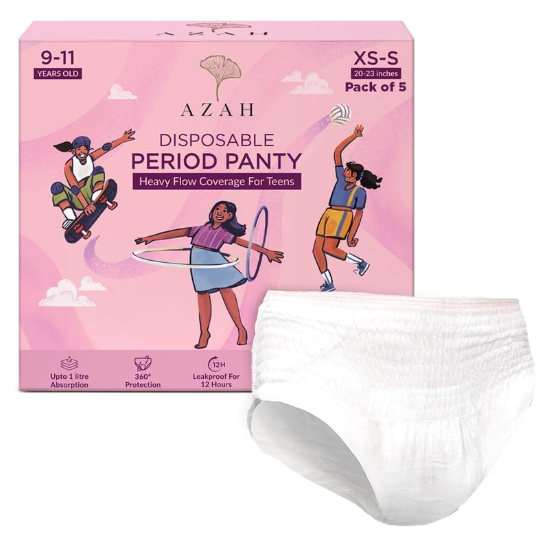 Azah Teen Disposable Period Panty for Girls (XS-S for 9–11 Years Old) | Heavy Flow Coverage | 12-Hour Leak Protection | 360° Coverage | Panty-Like Fit | Ideal for School & Overnight Use | Pack of 5