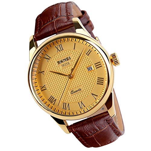 Watch for Men Business Dress Classic Fashion Casual Brown Leather Quartz Analog Waterproof Calendar Date Light Simple Wrist Watches Dad Fathers Gifts SKMEI