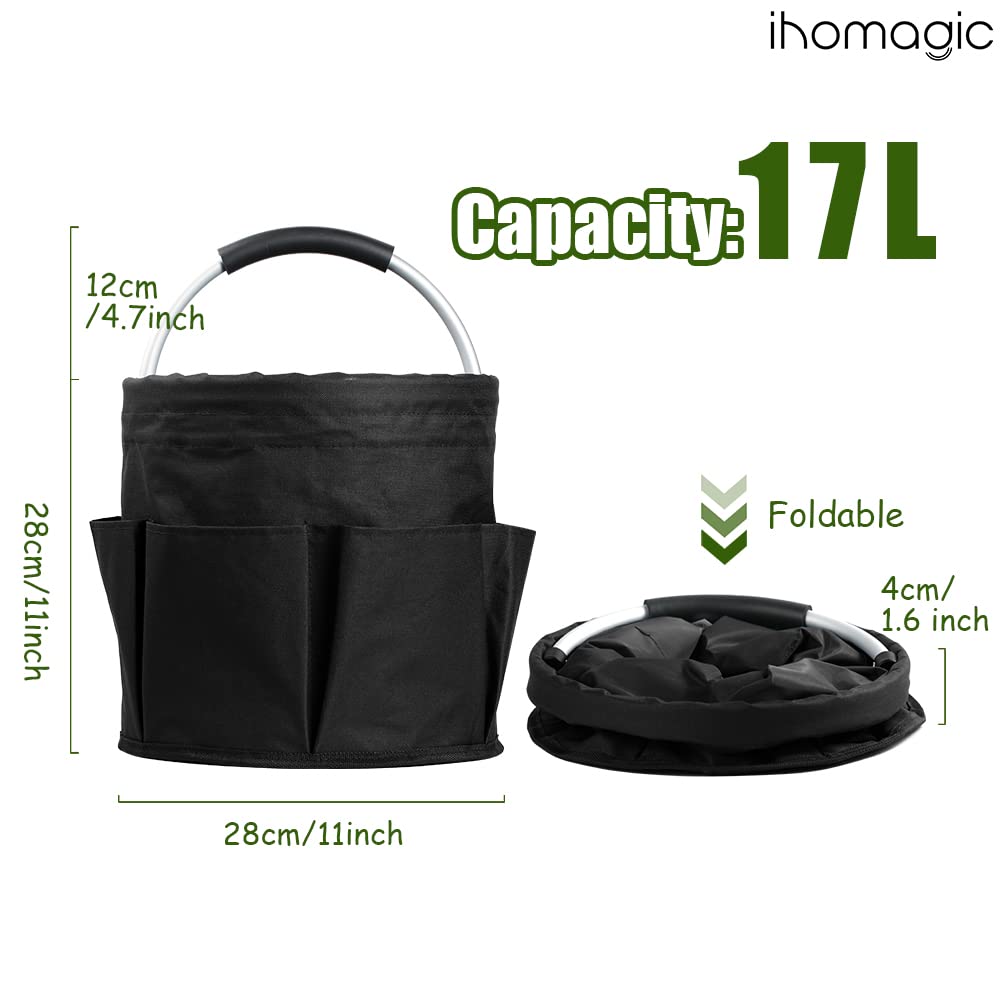 IHOMAGIC 17L Borsa Portaoggetti Pieghevole con 6 Tasche, Secchiello per Attrezzi, Borsa da Giardino in Tessuto Oxford per Il Gel Doccia, Le Ciabatte, Il detergente per Il Viso (Nero)